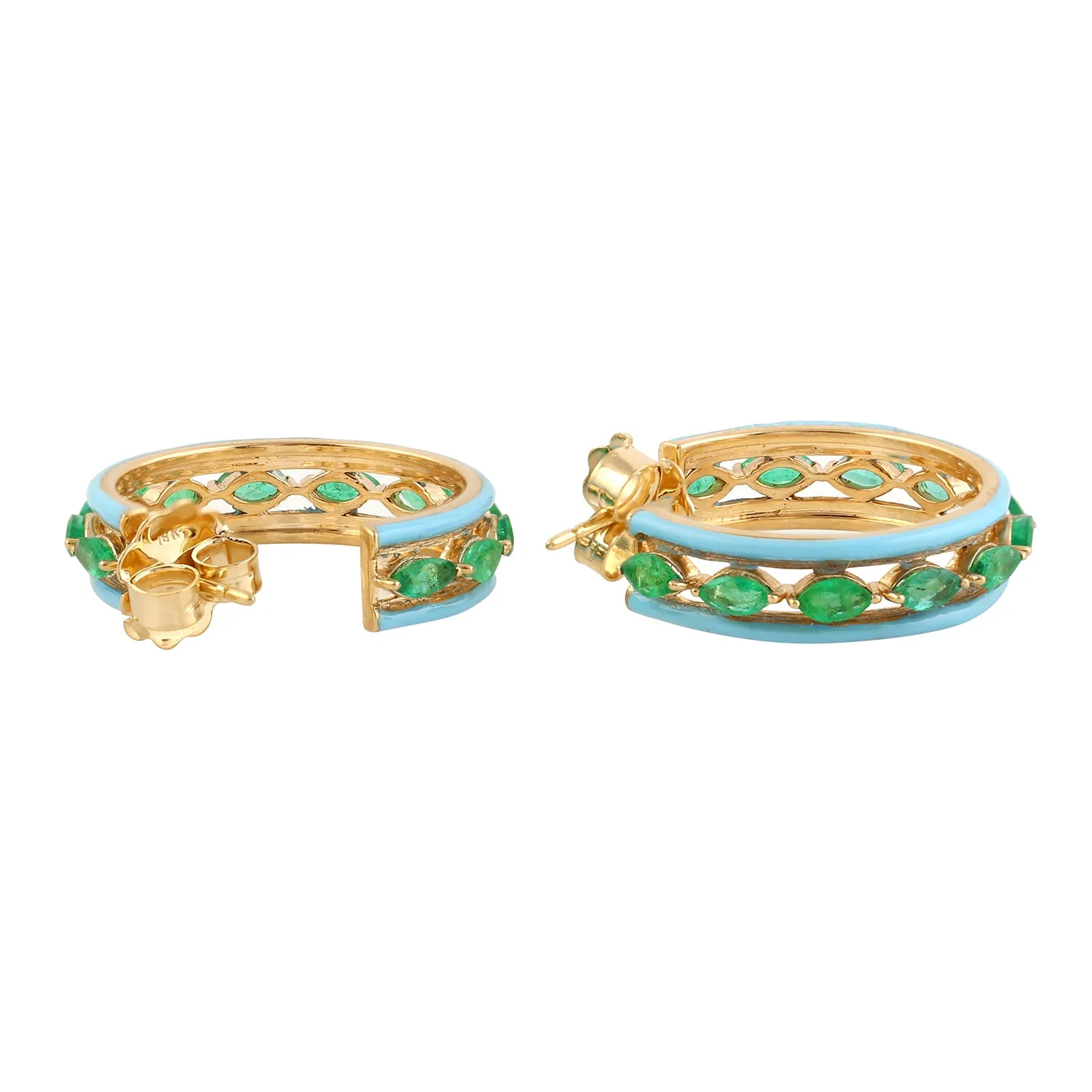 Marquise Cut Emerald May Birthstone Unique Enamel Hoop Earrings 18k Yellow Gold