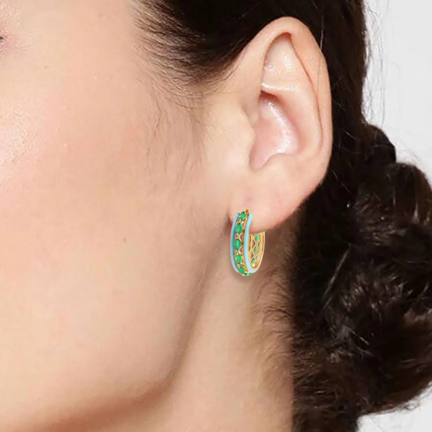 Marquise Cut Emerald May Birthstone Unique Enamel Hoop Earrings 18k Yellow Gold