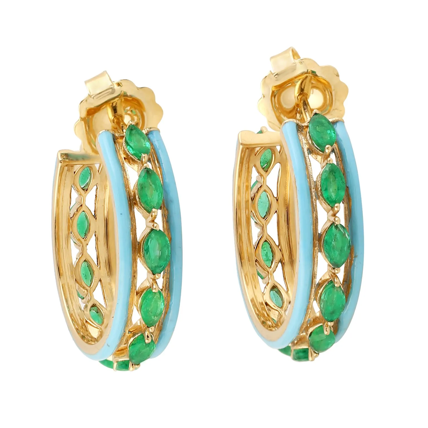 Marquise Cut Emerald May Birthstone Unique Enamel Hoop Earrings 18k Yellow Gold