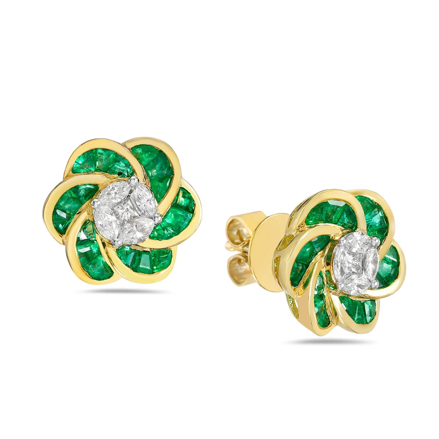 Marquise Diamond Emerald Daisy Earrings in Solid 18k Yellow Gold