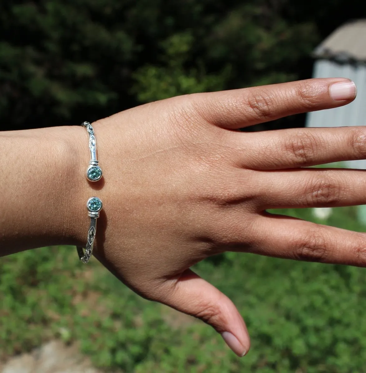 Medium Bangle with Synthetic Aquamarine March Birthstone