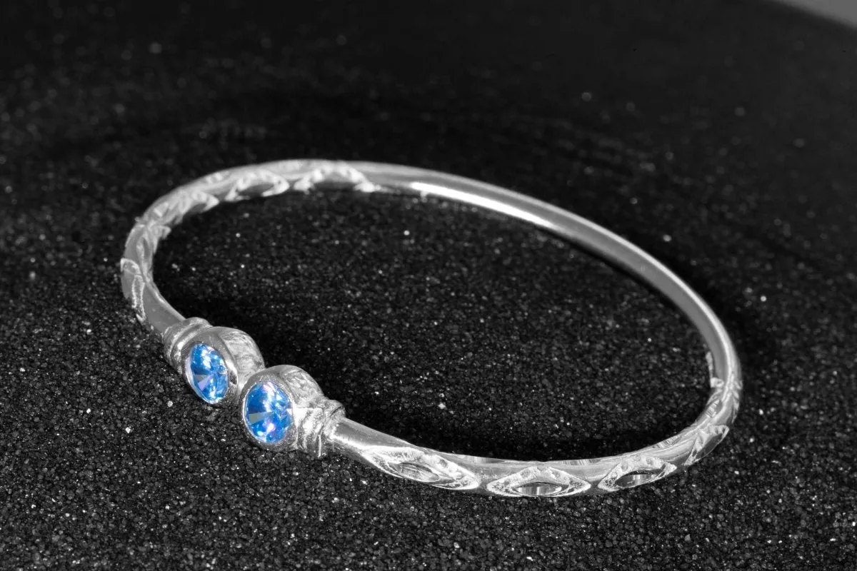 Medium Bangle with Synthetic Aquamarine March Birthstone