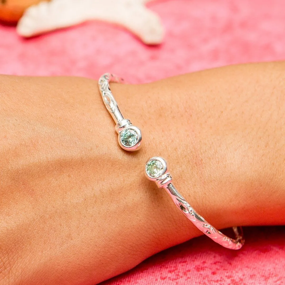 Medium Bangle with Synthetic Aquamarine March Birthstone