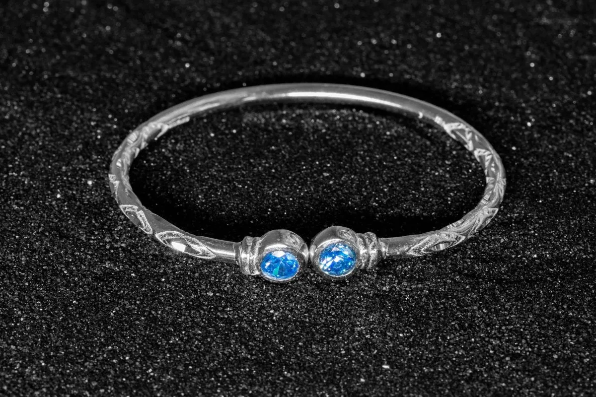 Medium Bangle with Synthetic Aquamarine March Birthstone