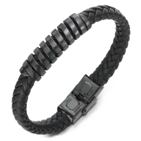 Mens Steel Black Spring Charm ID Identification Bangle Black Braided Leather Bracelet Wristband