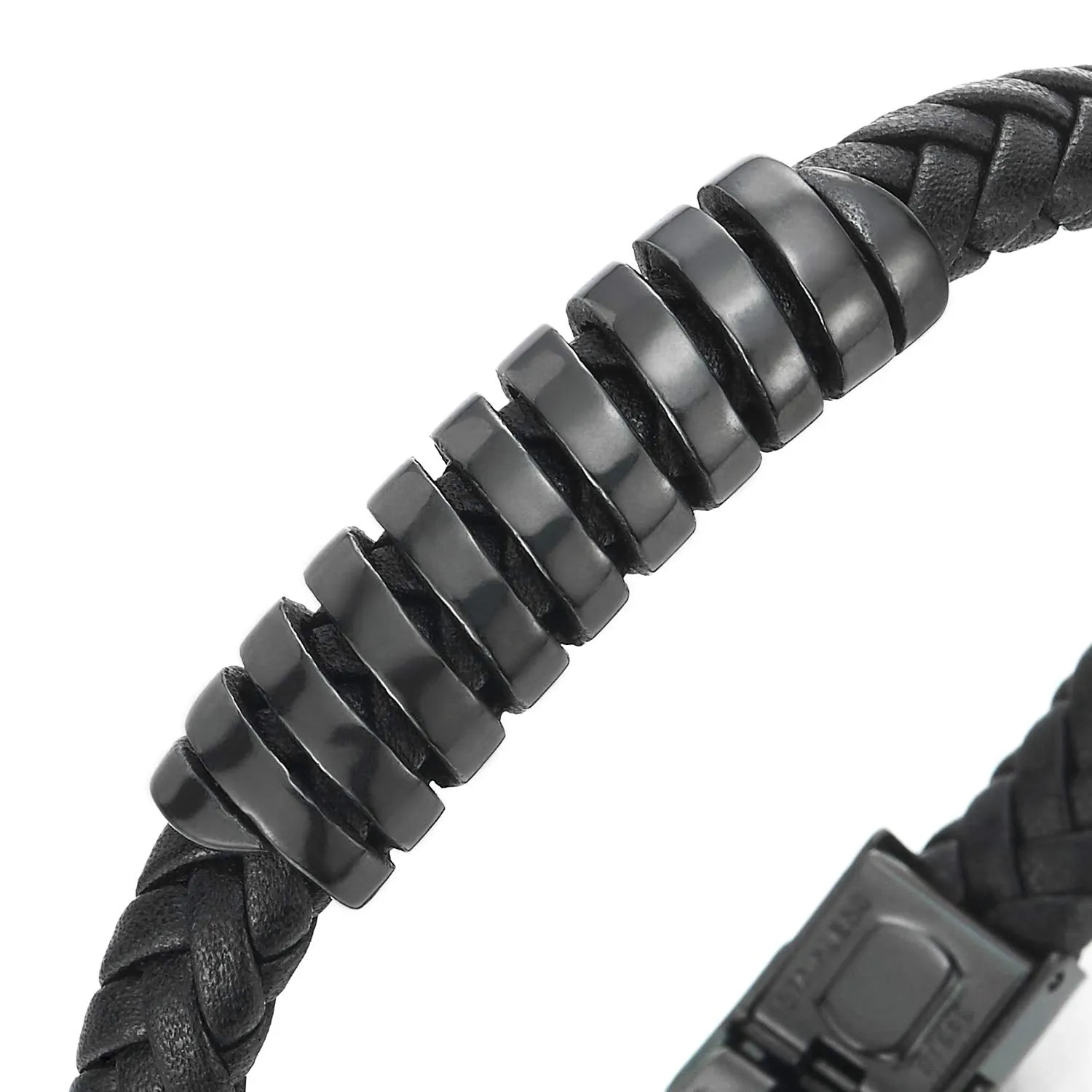 Mens Steel Black Spring Charm ID Identification Bangle Black Braided Leather Bracelet Wristband