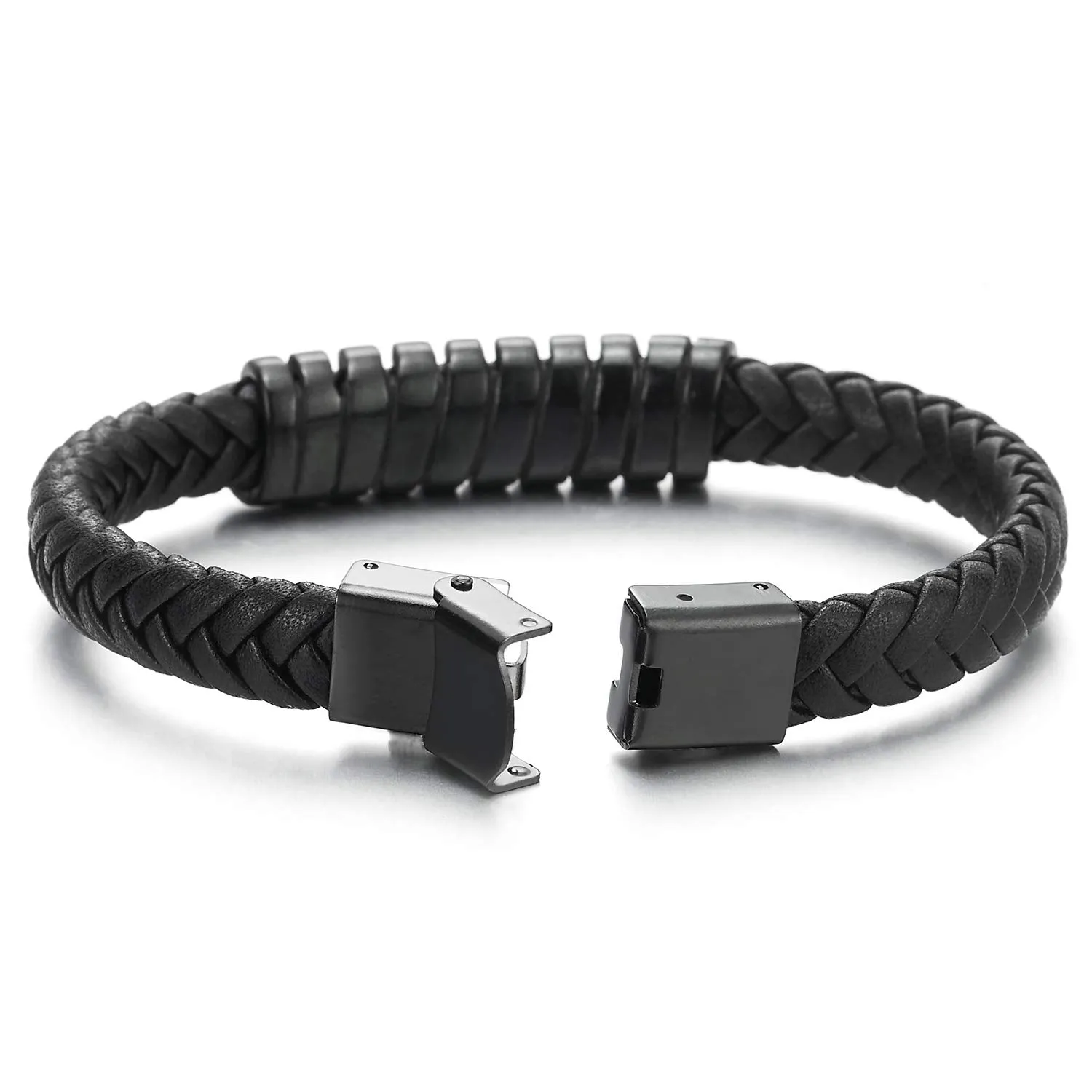 Mens Steel Black Spring Charm ID Identification Bangle Black Braided Leather Bracelet Wristband