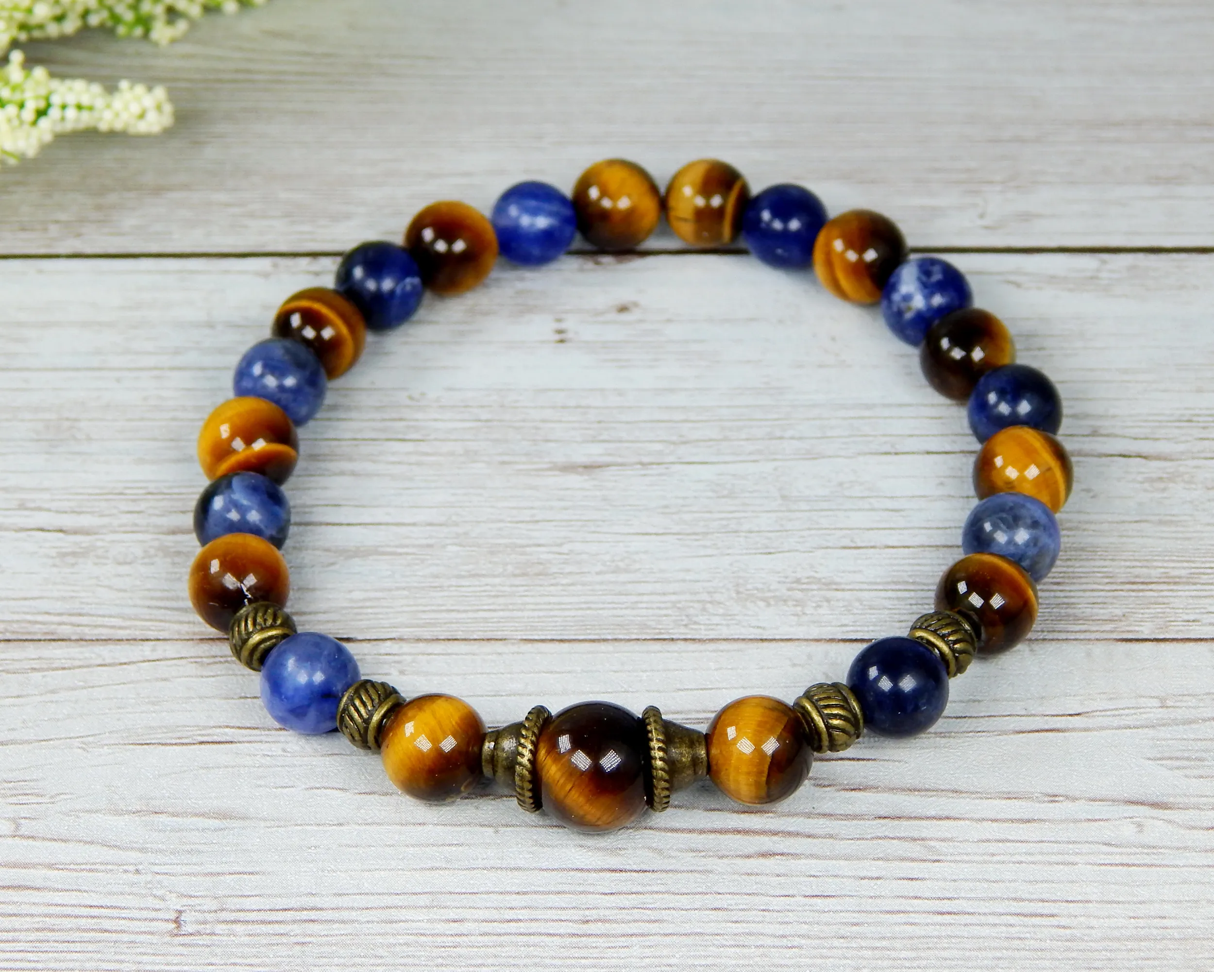 Mens Tiger Eye and Blue Sodalite Beaded Bracelet