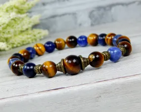 Mens Tiger Eye and Blue Sodalite Beaded Bracelet