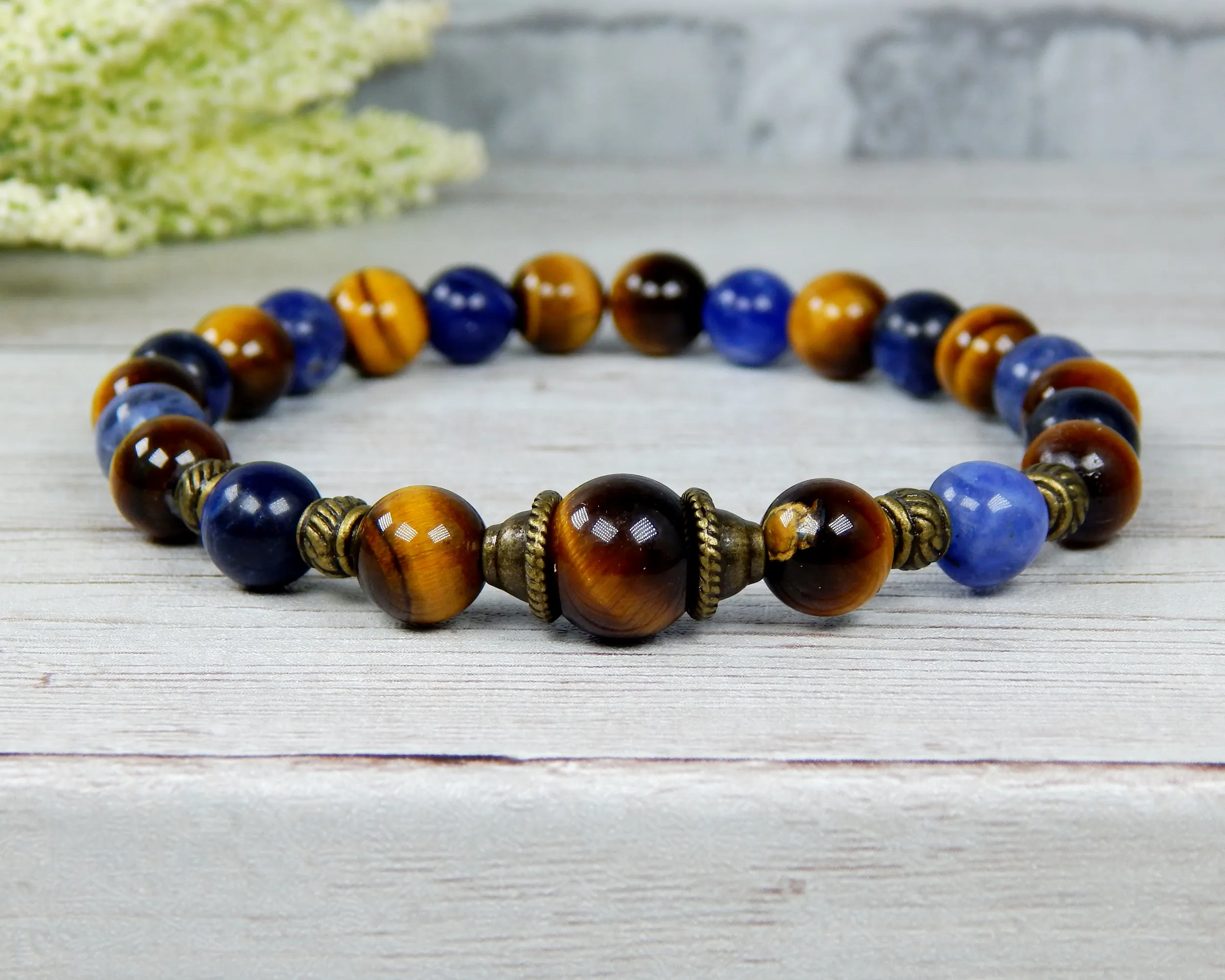 Mens Tiger Eye and Blue Sodalite Beaded Bracelet