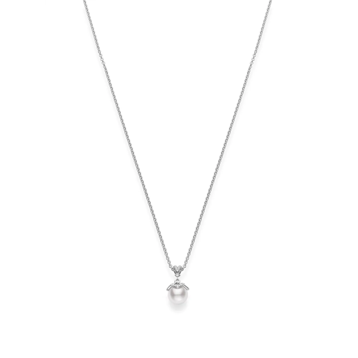 Mikimoto 18K White Gold 8.5mm Cultured Akoya Pearl and Diamond Pendant Necklace