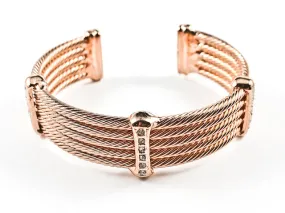 Modern Thick Multi Row Wire Texture Design Band With Micro Thin CZ Bars Pink Gold Tone Brass Cuff Bangle