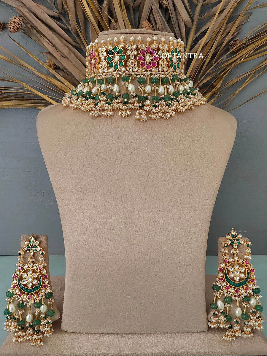 Multicolor Gold Plated Jadau Kundan Necklace Set - MS1670M