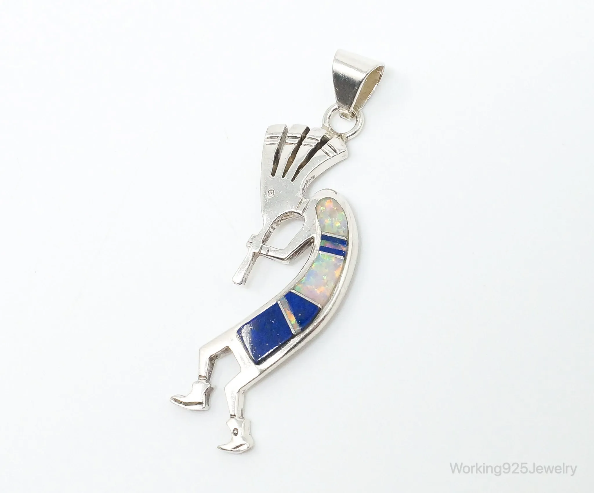 Native American Lapis Lazuli Opal Dancing Kokopelli Sterling Silver Pendant