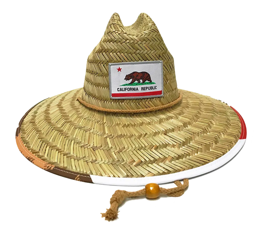 Natural and Neutral Hats Adult California Republic Badge Under Brim Design Rush Straw Lifeguard Hat, Black, White, Mountain