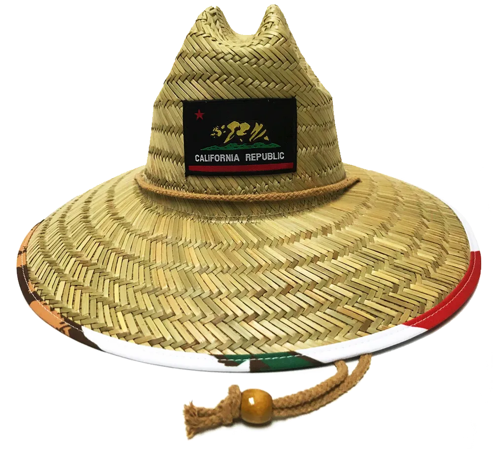 Natural and Neutral Hats Adult California Republic Badge Under Brim Design Rush Straw Lifeguard Hat, Black, White, Mountain