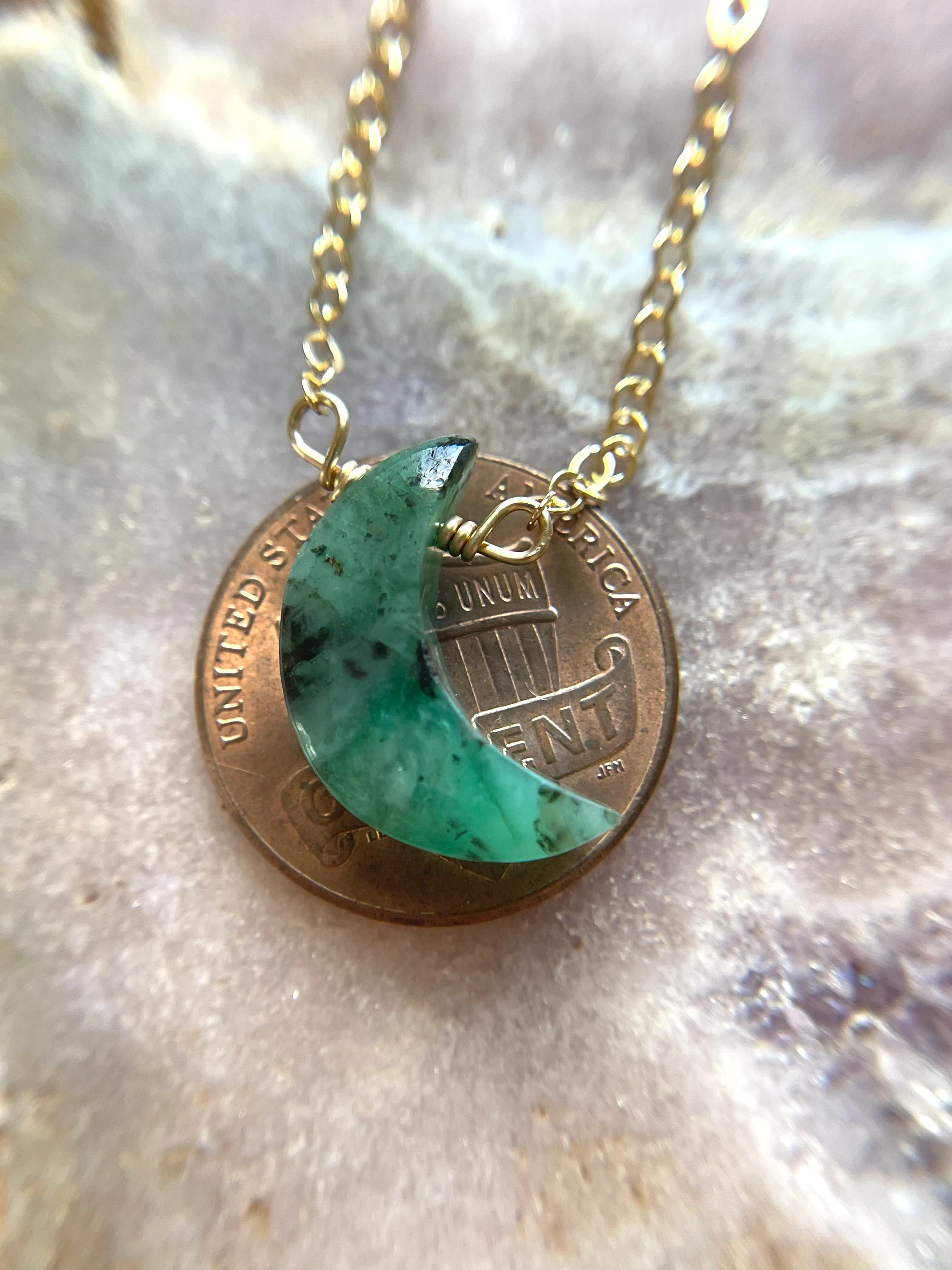 Natural Emerald Crystal Necklace Crescent Moon