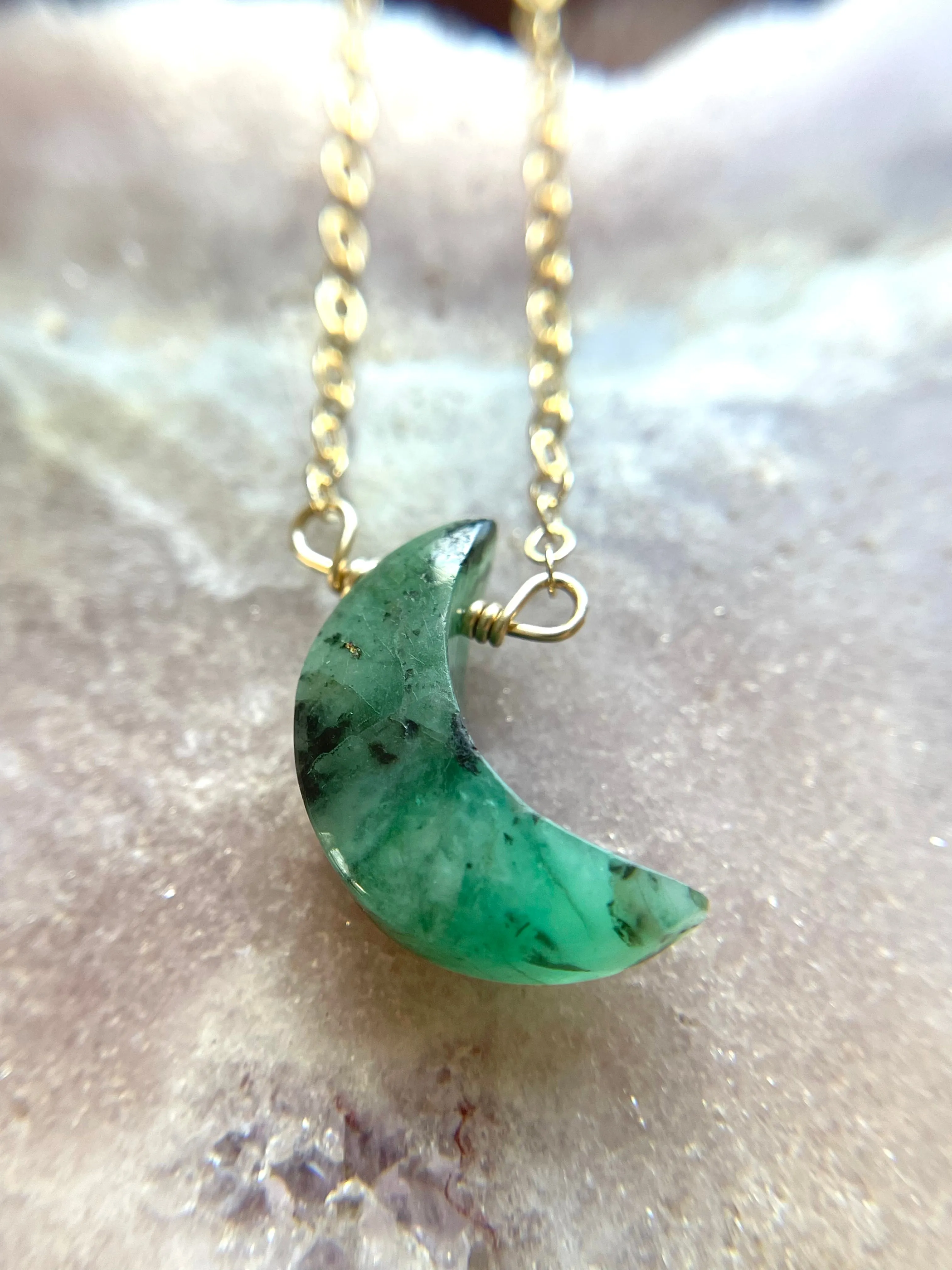 Natural Emerald Crystal Necklace Crescent Moon