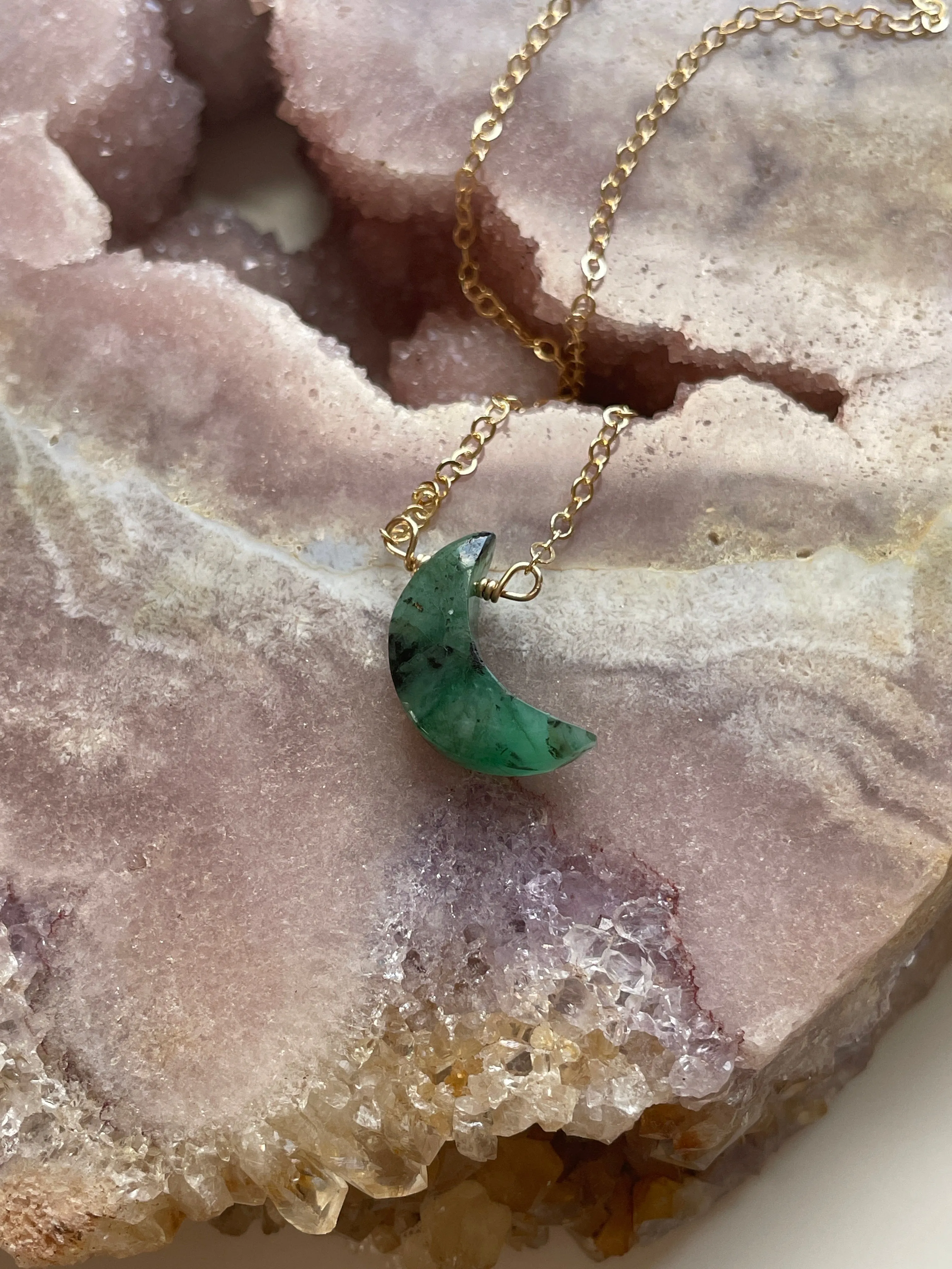 Natural Emerald Crystal Necklace Crescent Moon