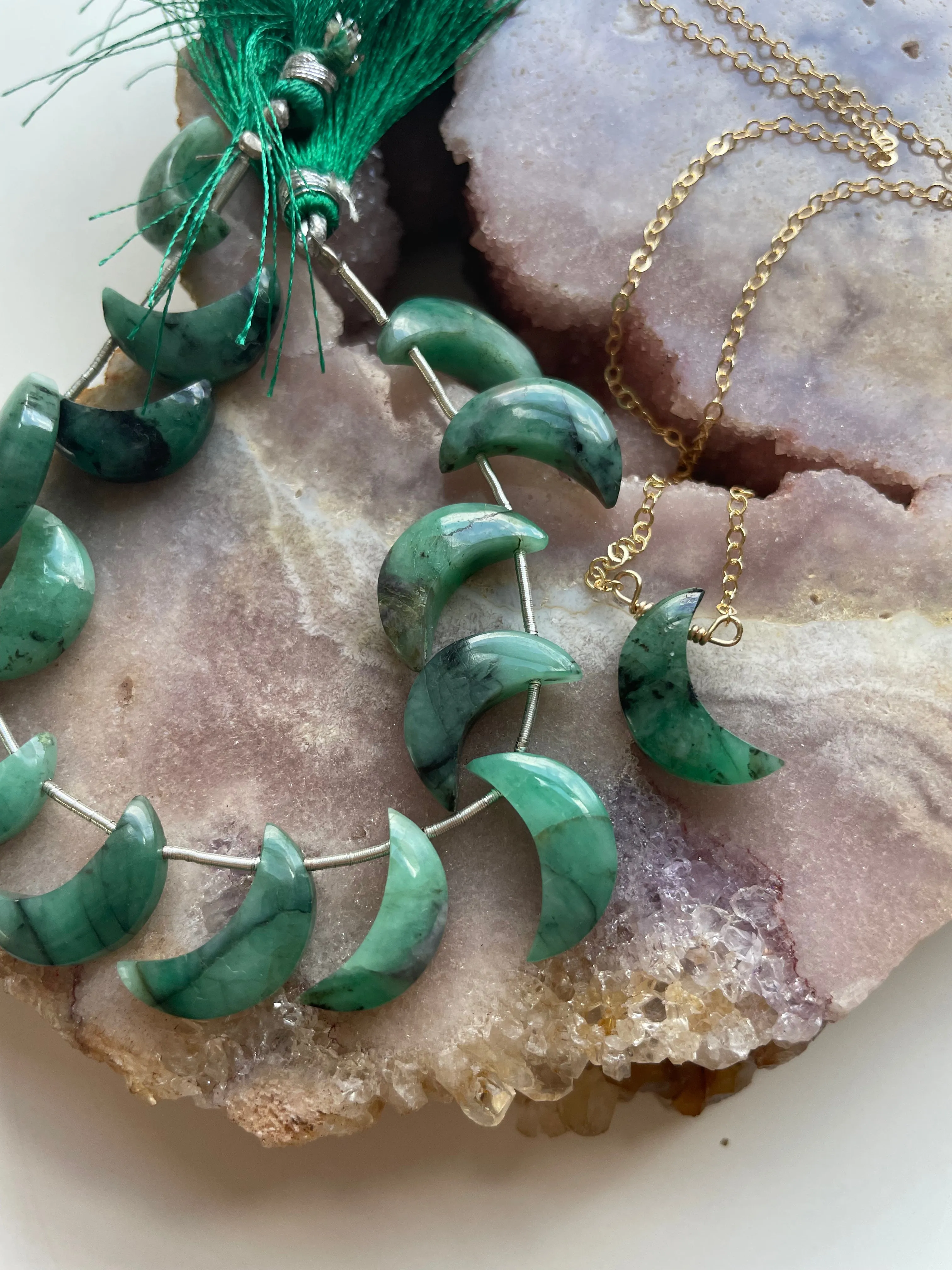 Natural Emerald Crystal Necklace Crescent Moon