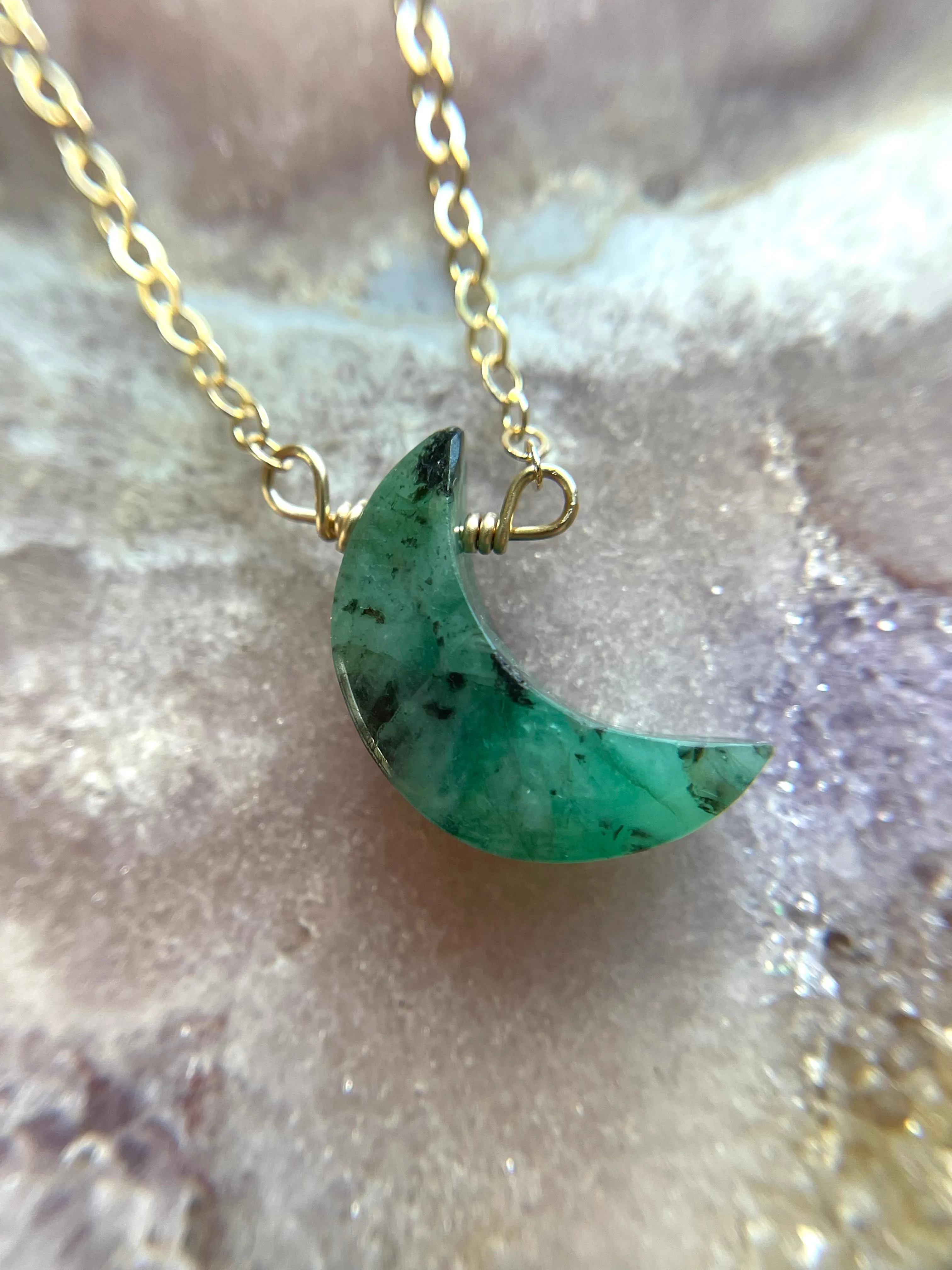 Natural Emerald Crystal Necklace Crescent Moon