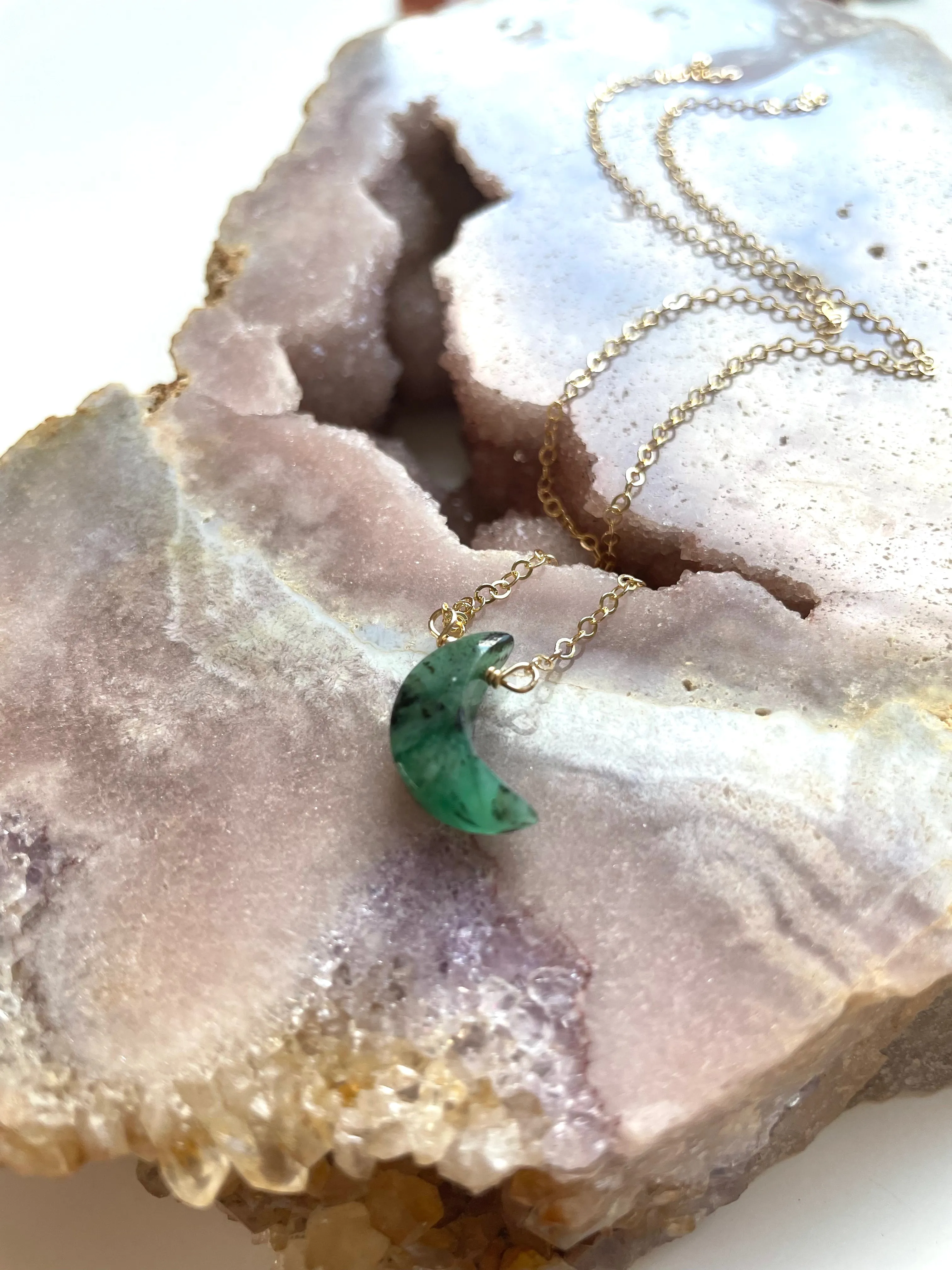 Natural Emerald Crystal Necklace Crescent Moon