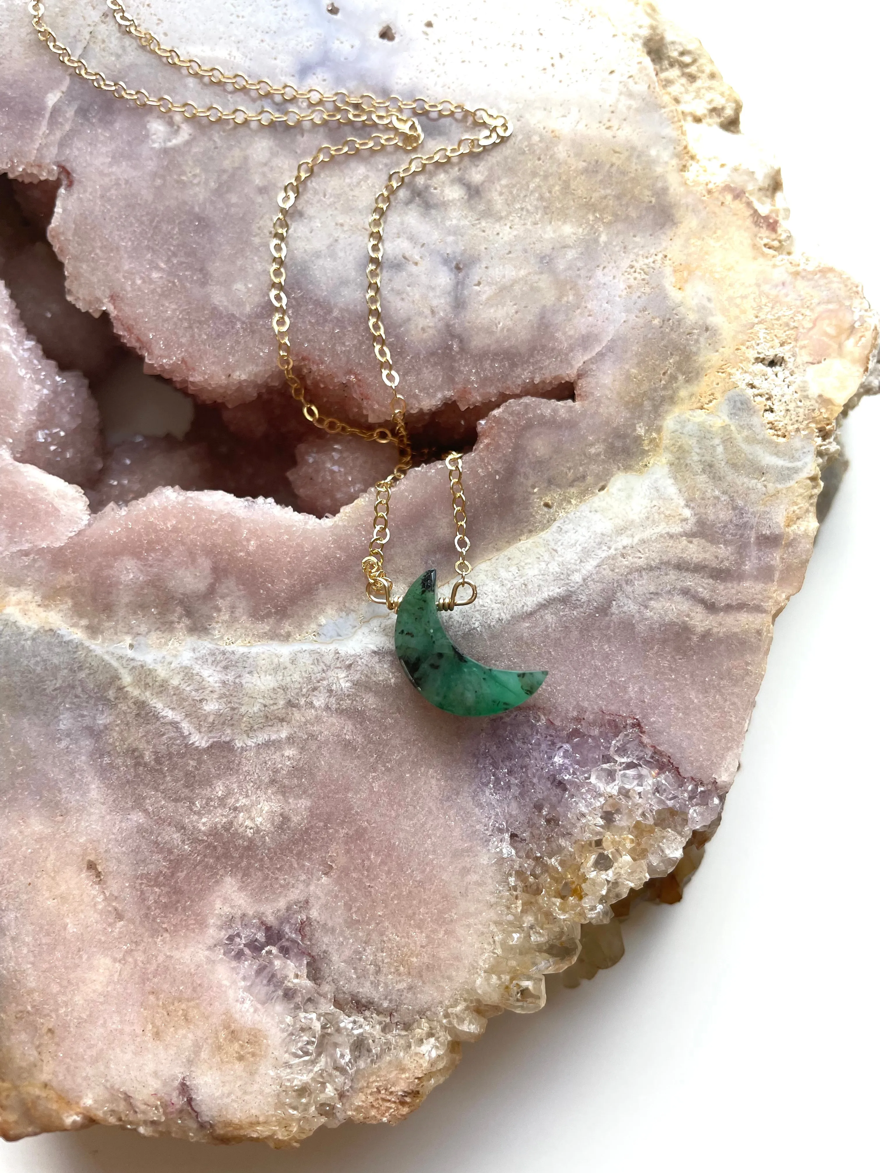 Natural Emerald Crystal Necklace Crescent Moon