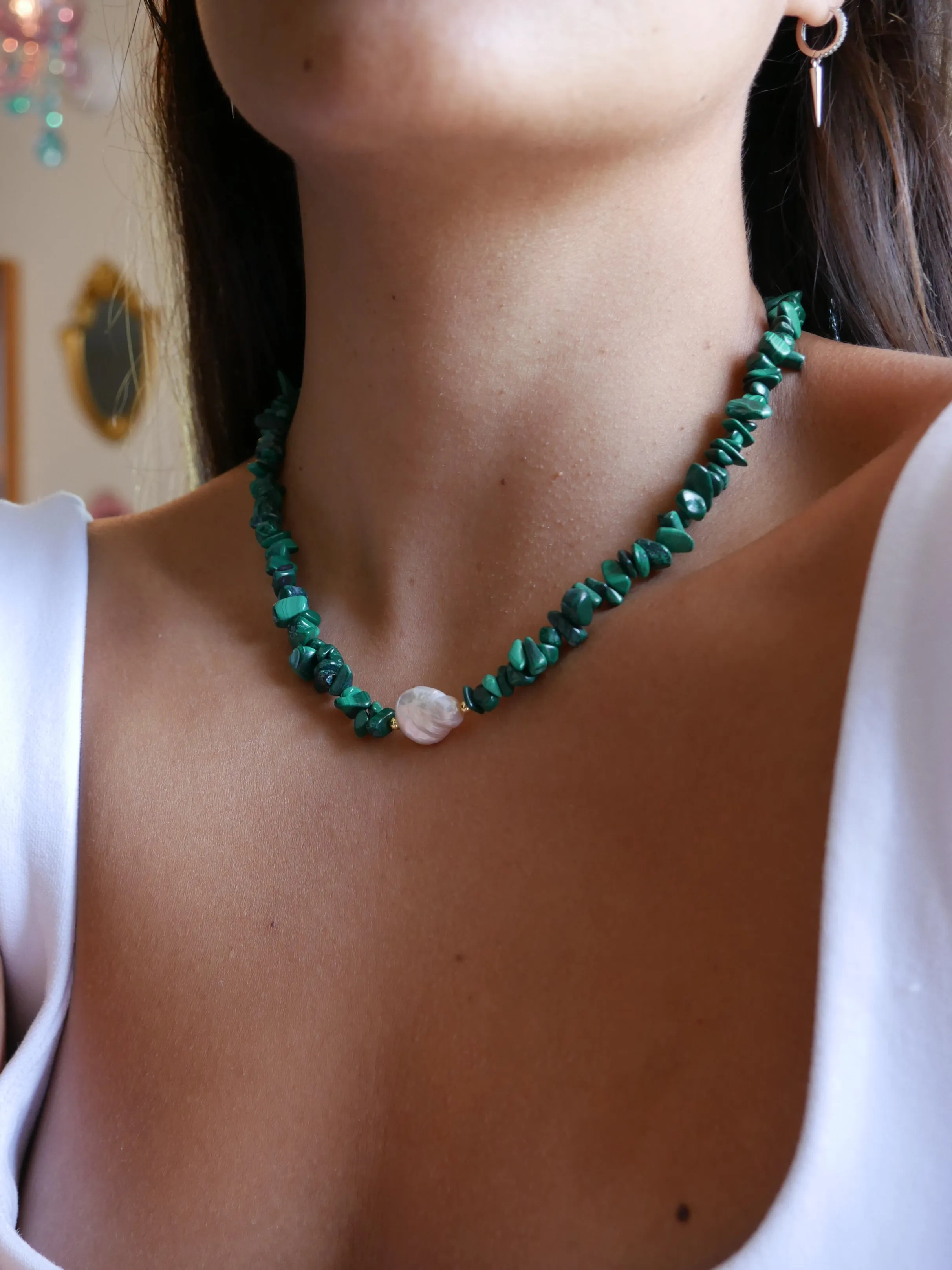 Natural Malachite and Freshwater Baroque Pearl Beaded Necklace 18K Gold Plated Titanium Steel Luxury Fashion