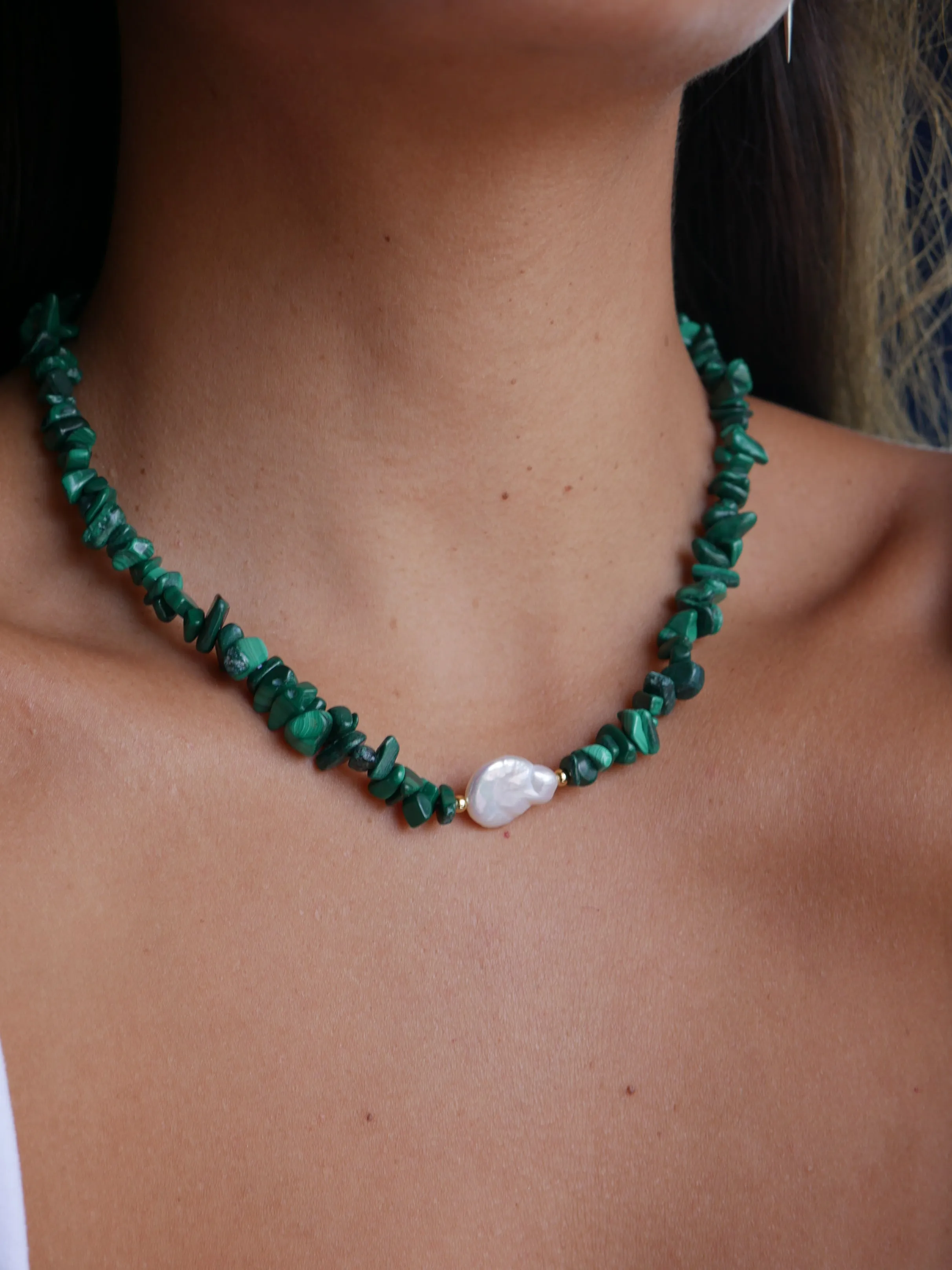 Natural Malachite and Freshwater Baroque Pearl Beaded Necklace 18K Gold Plated Titanium Steel Luxury Fashion