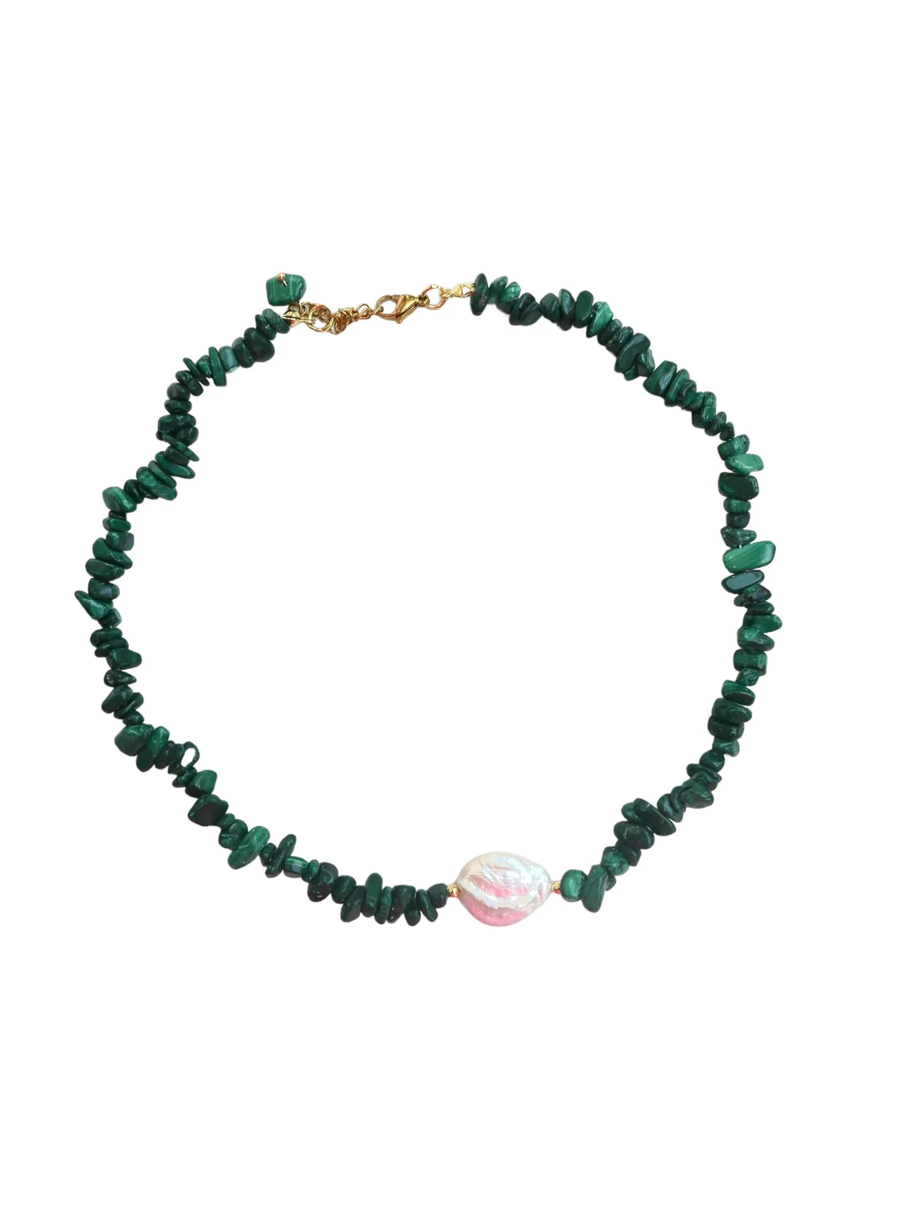 Natural Malachite and Freshwater Baroque Pearl Beaded Necklace 18K Gold Plated Titanium Steel Luxury Fashion