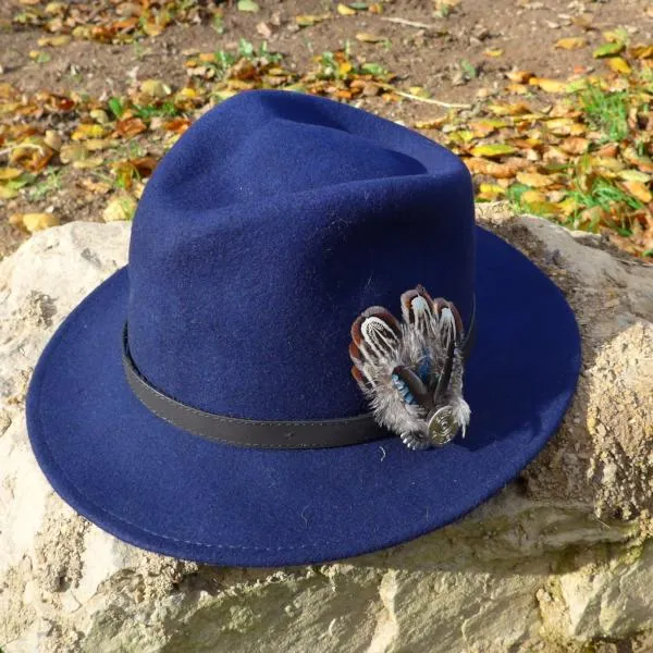 Navy Fedora Hat with Leather Band. Unisex, Crushable.