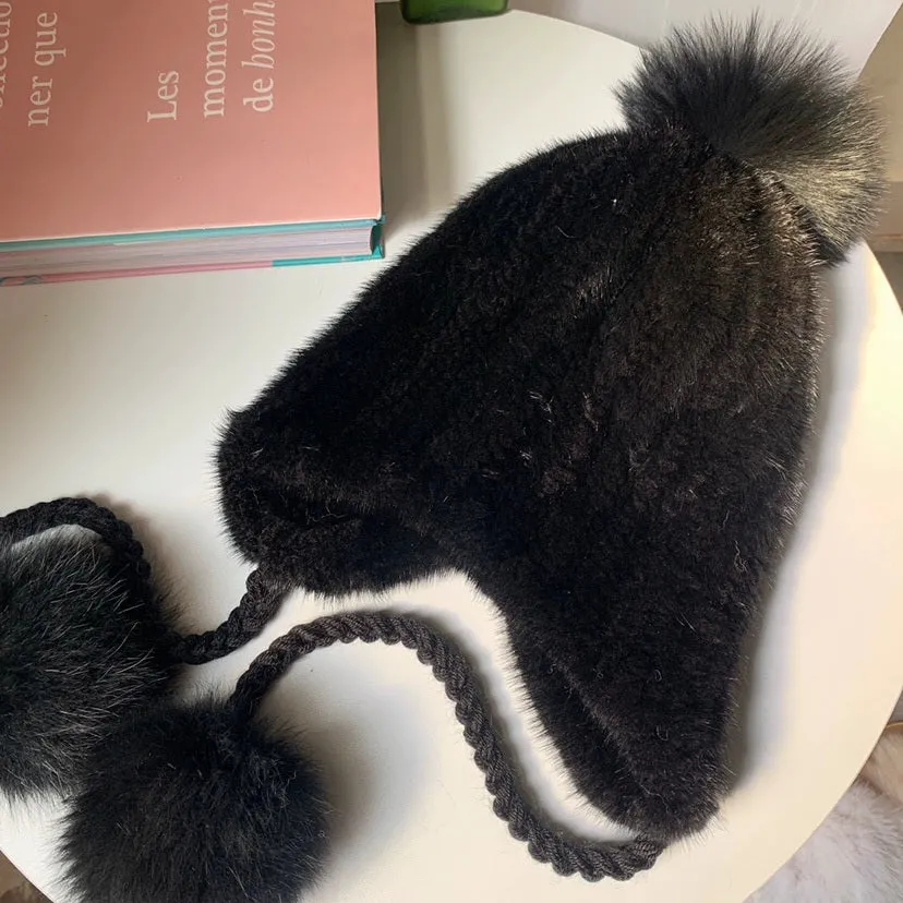 New mink hat for women woven hat mink earmuffs with rope fur hat fox fur ball mink fur inside and outside