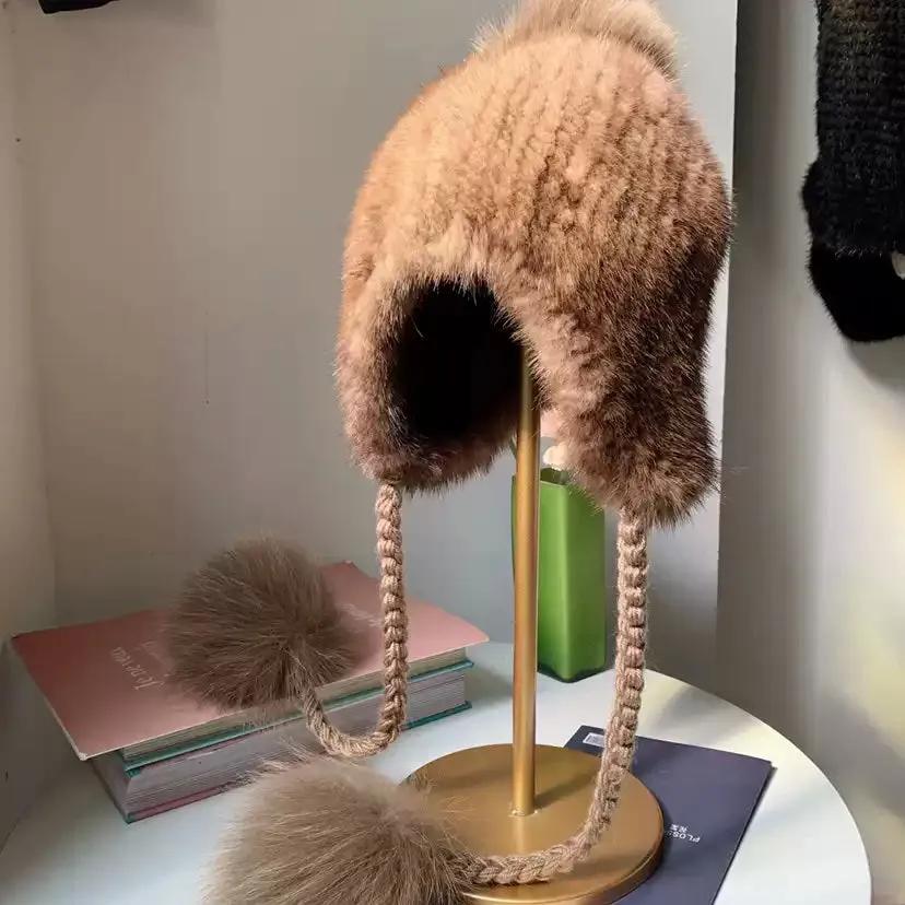 New mink hat for women woven hat mink earmuffs with rope fur hat fox fur ball mink fur inside and outside