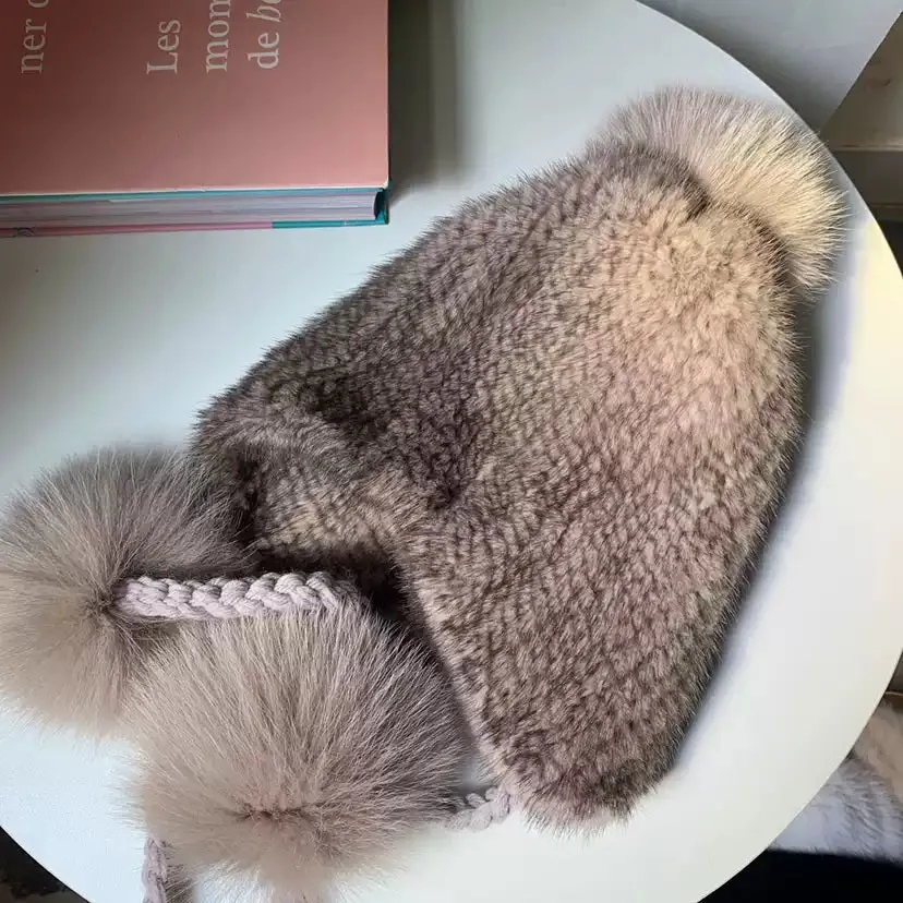 New mink hat for women woven hat mink earmuffs with rope fur hat fox fur ball mink fur inside and outside