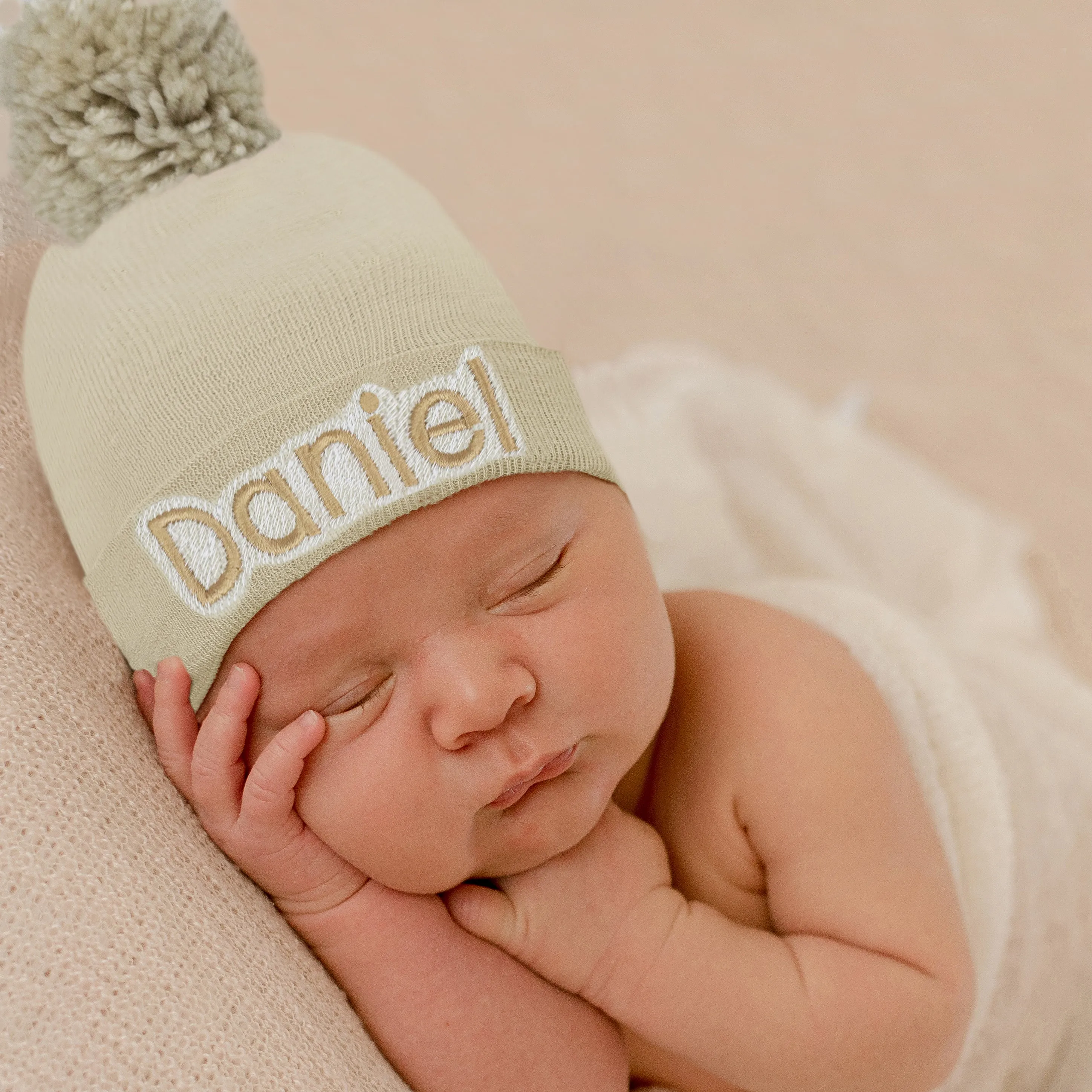 Oatmeal Beanie with Oatmeal Pom Pom Newborn Hospital Hat - Gender Neutral for newborn boys or girls- Personalization Optional