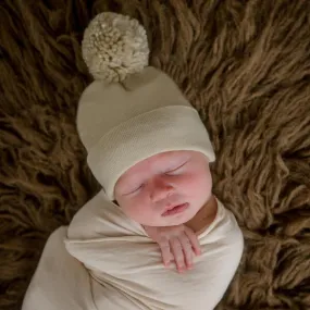 Oatmeal Beanie with Oatmeal Pom Pom Newborn Hospital Hat - Gender Neutral for newborn boys or girls- Personalization Optional