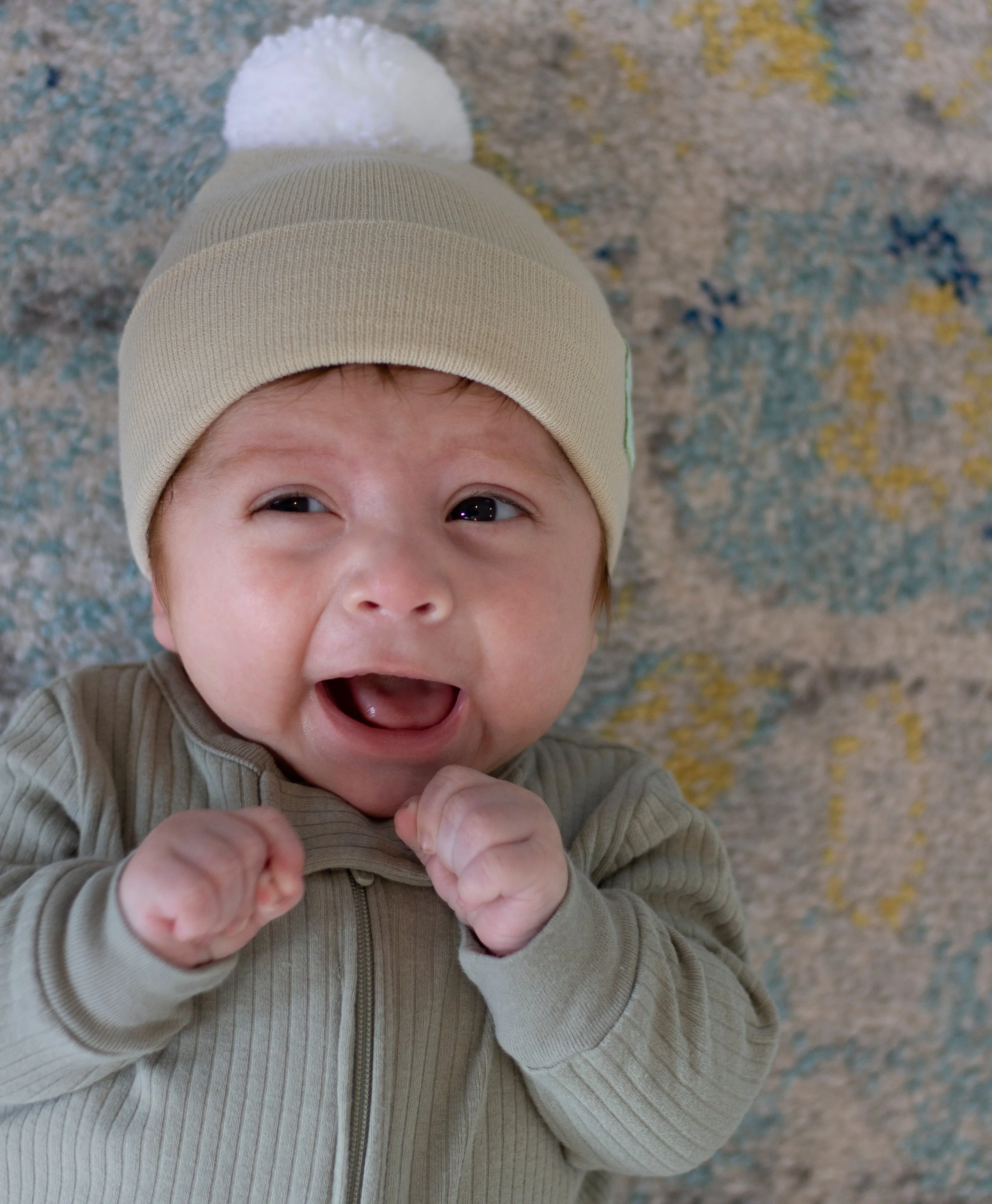 Oatmeal White Pom Newborn Hospital Hat - Gender Neutral for newborn boys or girls- Personalization Optional