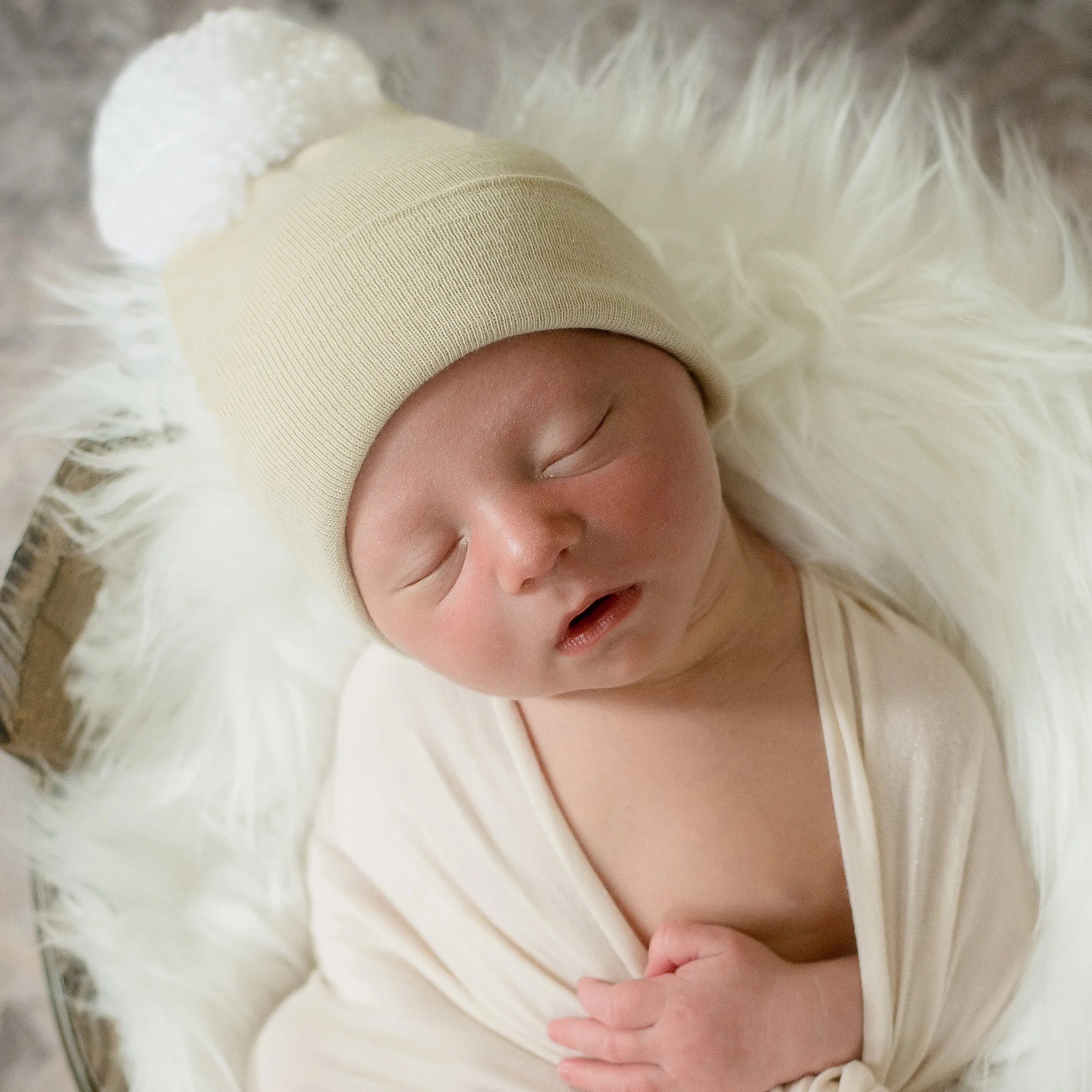 Oatmeal White Pom Newborn Hospital Hat - Gender Neutral for newborn boys or girls- Personalization Optional