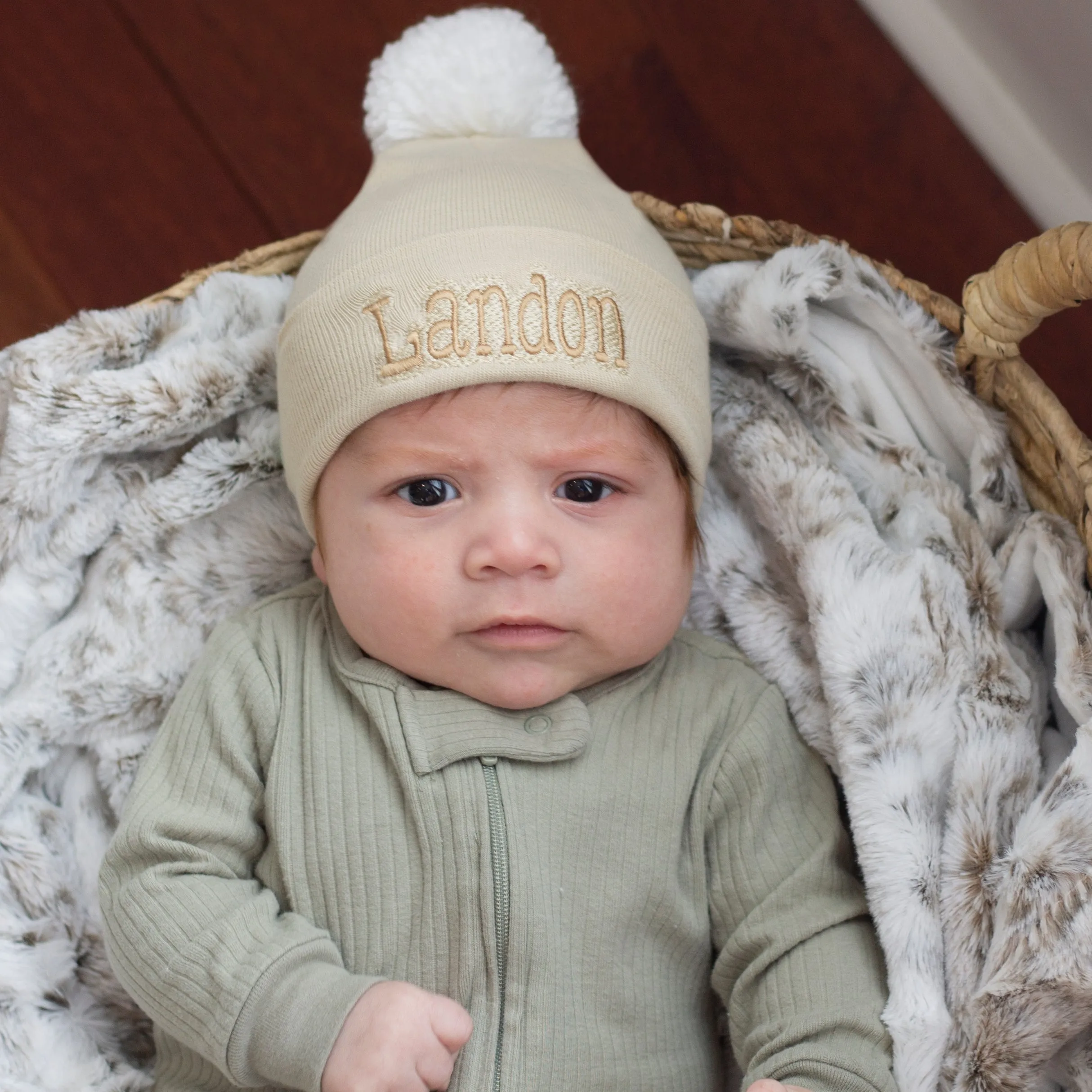 Oatmeal White Pom Newborn Hospital Hat - Gender Neutral for newborn boys or girls- Personalization Optional