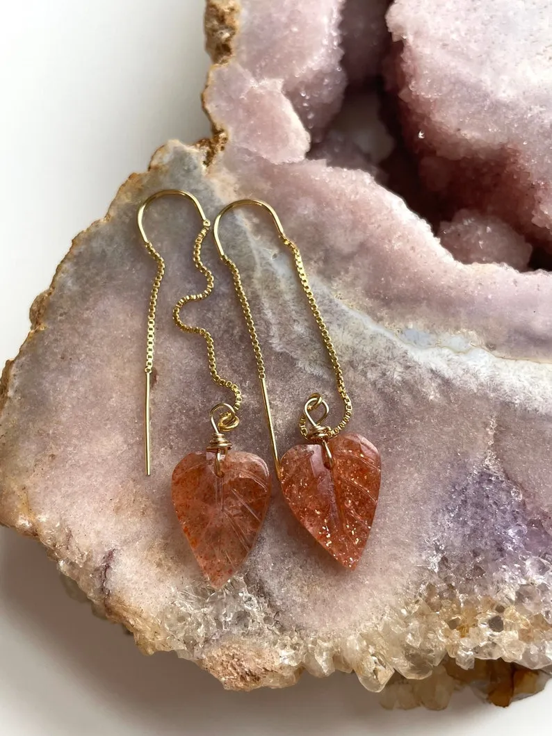 Orange Sunstone Gold Filled Statement Crystal Gemstone Threader Earrings