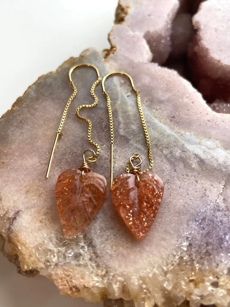 Orange Sunstone Gold Filled Statement Crystal Gemstone Threader Earrings