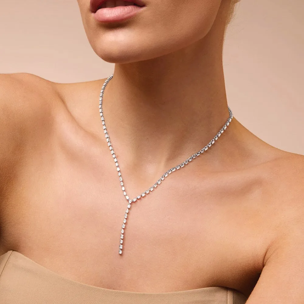 Oval and Emerald Cut Lariat Tennis Necklace with 5.25ct of Laboratory Grown Diamonds in Sterling Silver and Platinum