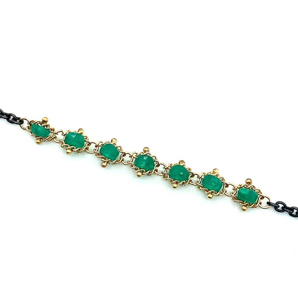 Oxidized Sterling Silver, Gold, & Emerald Rondelle Necklace - "Emerald Lake"