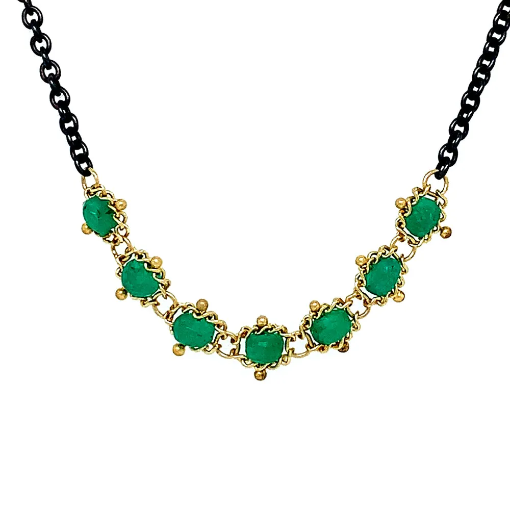 Oxidized Sterling Silver, Gold, & Emerald Rondelle Necklace - "Emerald Lake"