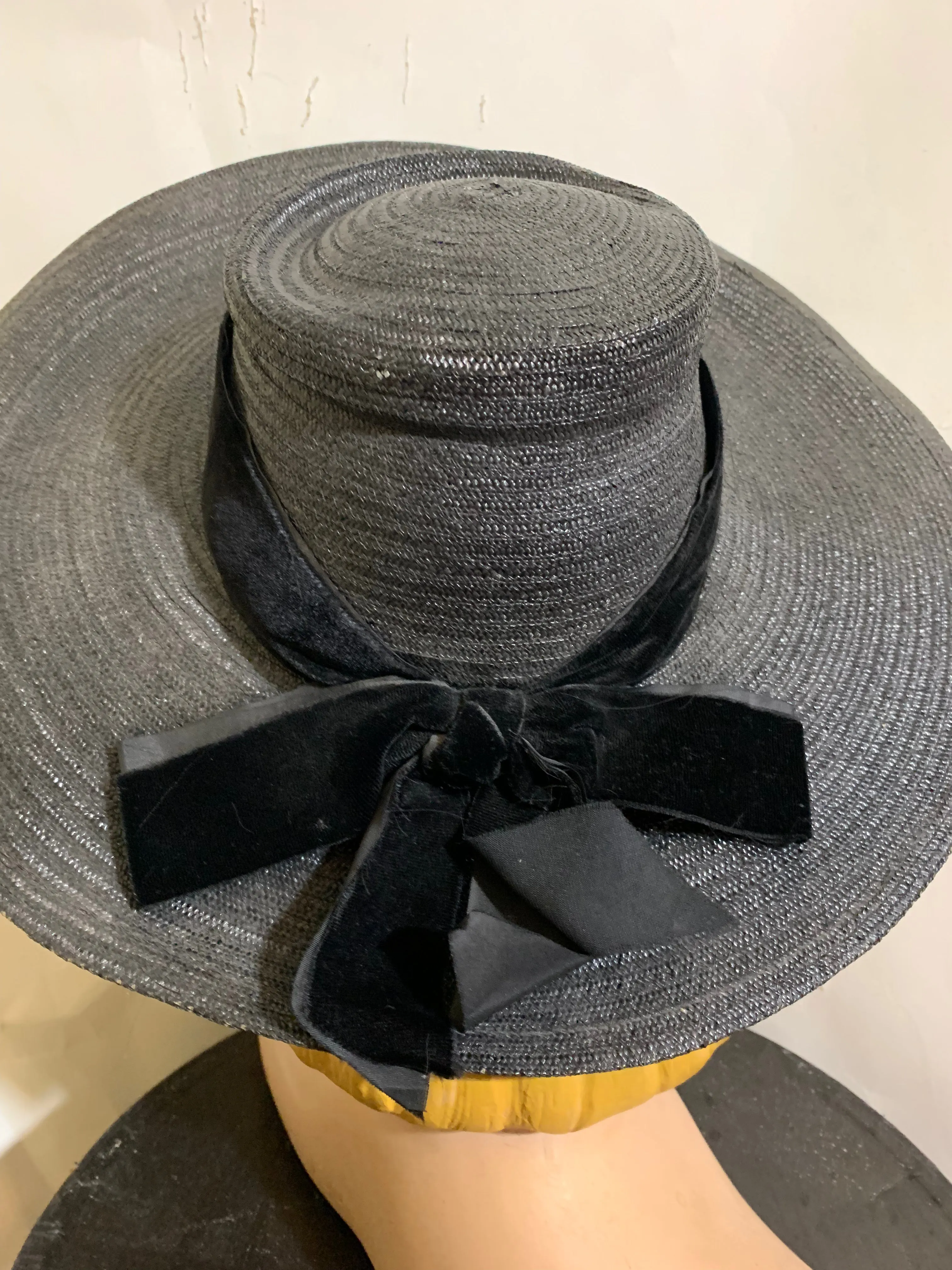 Panther Black Wide Brim Portrait Hat with Velvet Bow circa 1940s