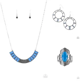 Paparazzi Coup de MANE Necklace Blue, Fleek Fortress Earrings Blue & Taj Mahal Trendsetter Ring Blue