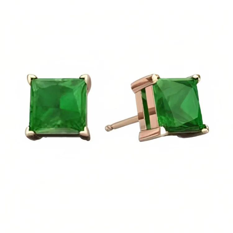 Paris Jewelry 18k Rose Gold 2 Pair Created Emerald 6mm Round & Princess Cut Stud Earrings Plated