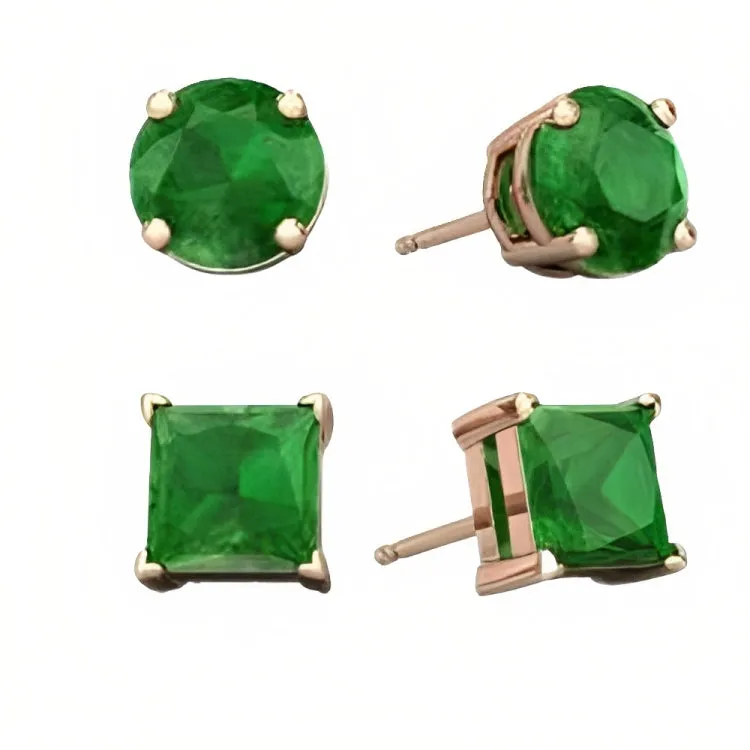 Paris Jewelry 18k Rose Gold 2 Pair Created Emerald 6mm Round & Princess Cut Stud Earrings Plated