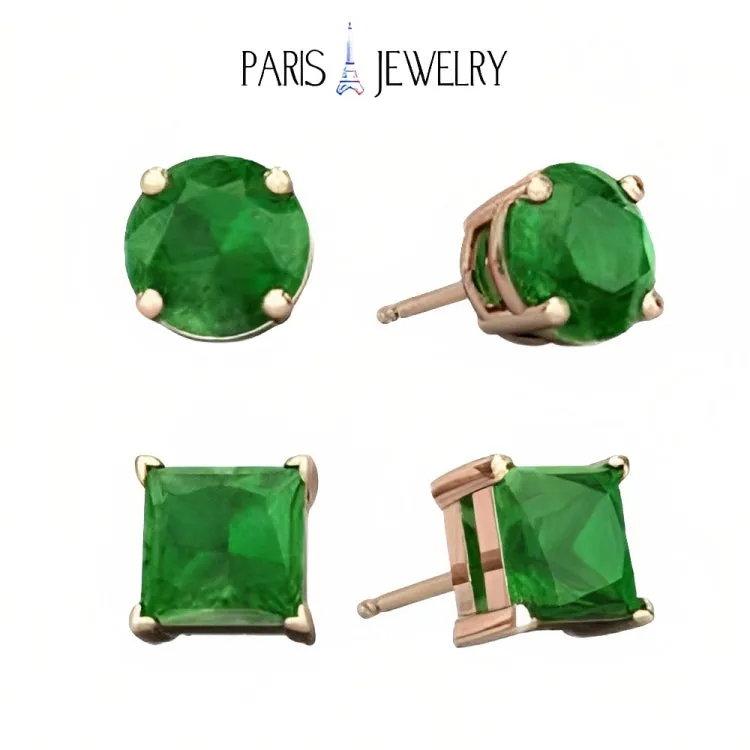 Paris Jewelry 18k Rose Gold 2 Pair Created Emerald 6mm Round & Princess Cut Stud Earrings Plated