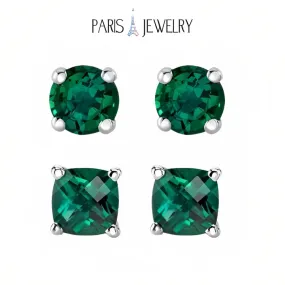 Paris Jewelry 18k White Gold 2 Pair Created Emerald 4mm Round & Princess Cut Stud Earrings Plated